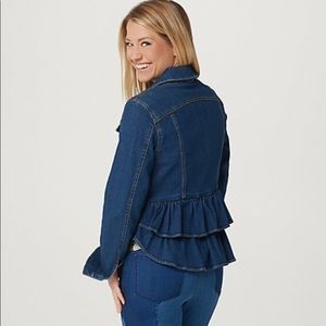 Du Jour Button Front Denim Jacket with Ruffle Back